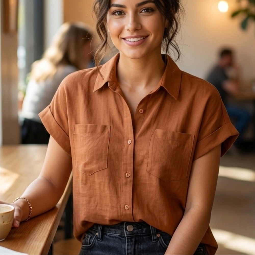 Basic Model Rust Brown Short Sleeve Button Down T… - image 1